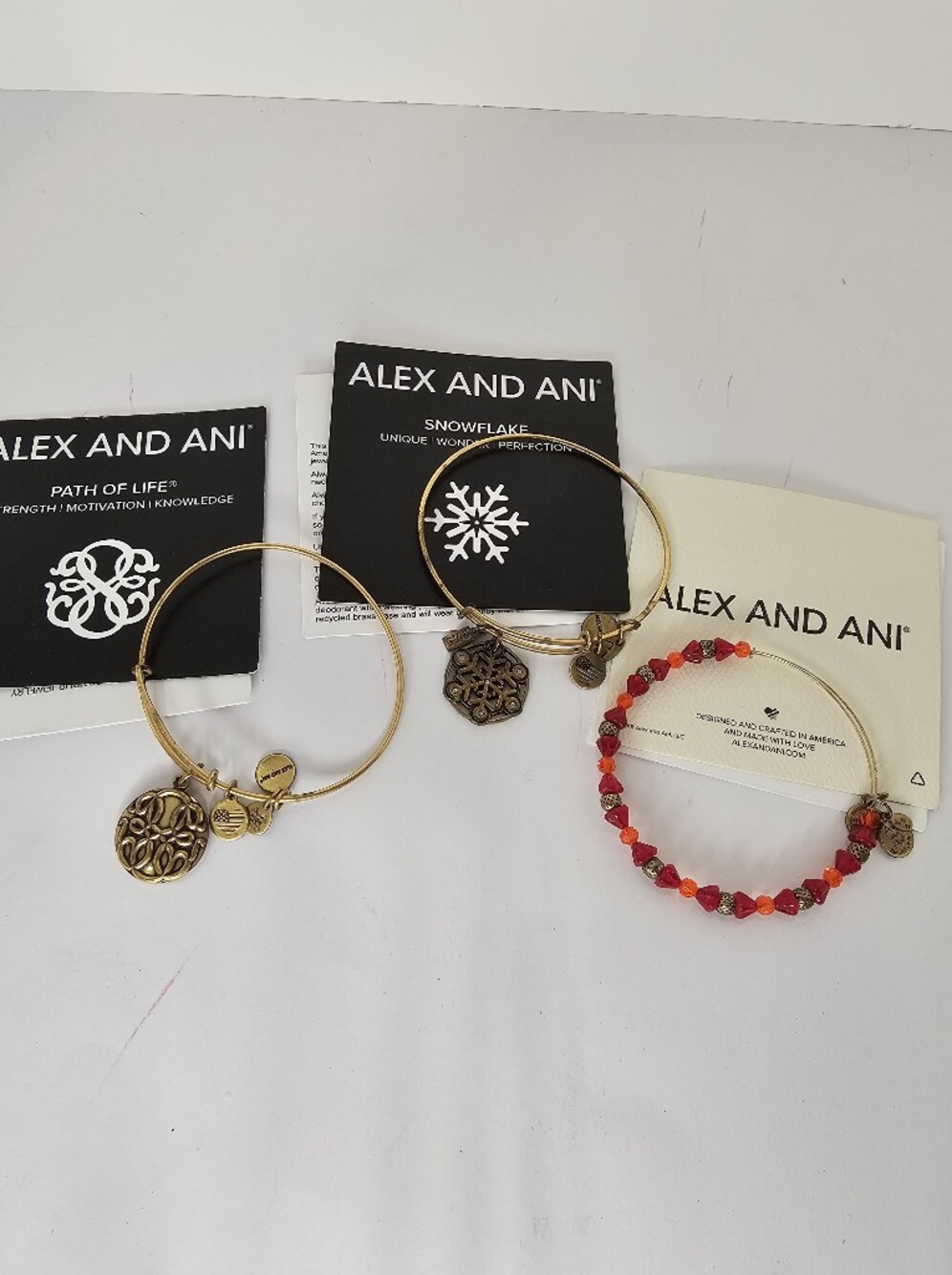 Alex and Ani 3 Gold Bracelets Snowflake, Path Of Life, Red Beads Auth Vintage